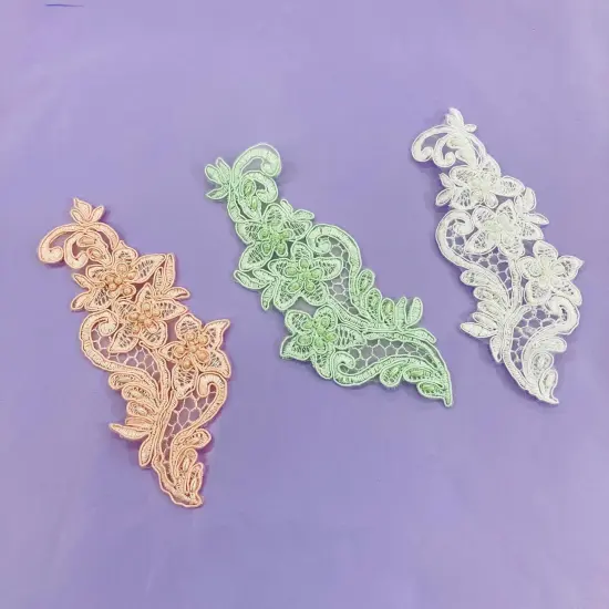 1 Pair Beaded Lace Applique Embroidered on 100% Polyester Organza 7" x 2.5" Each Side White {2}