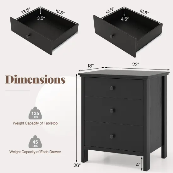 Costway Nightstand Beside End Side Table Accent Table Organizer W/3 Drawers Black {3}
