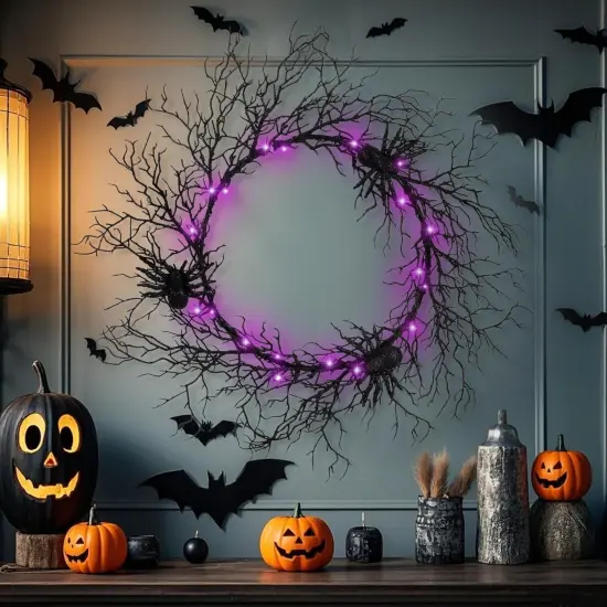 Halloween Wreath - Lighted Black Spider Wreath with Purple Lights {2}