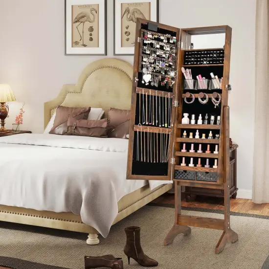 Costway LED Mirror Jewelry Cabinet with 20 LED Lights Full-Length Mirror Adjustable Angles White/Brown/Black {2}