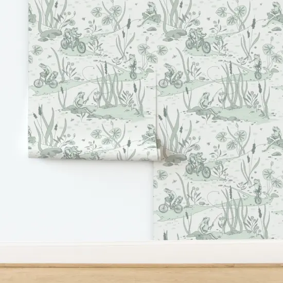 Pre-Pasted Wallpaper 2FT Wide Frog Spring Nursery Toile Bikes Plants Pond De Jouy Custom Pre-pasted Wallpaper by Spoonflower {2}