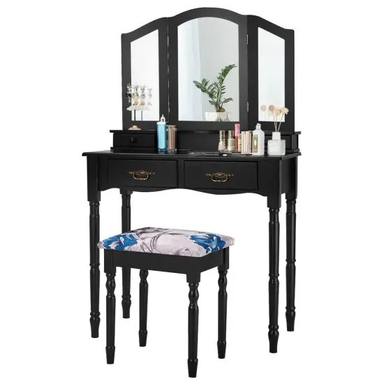 Costway Black Tri Folding Mirror Vanity Makeup Table Stool 4 Drawers {2}