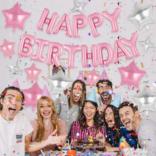 Pink Happy Birthday Balloons Banner - 12 Pcs {5}