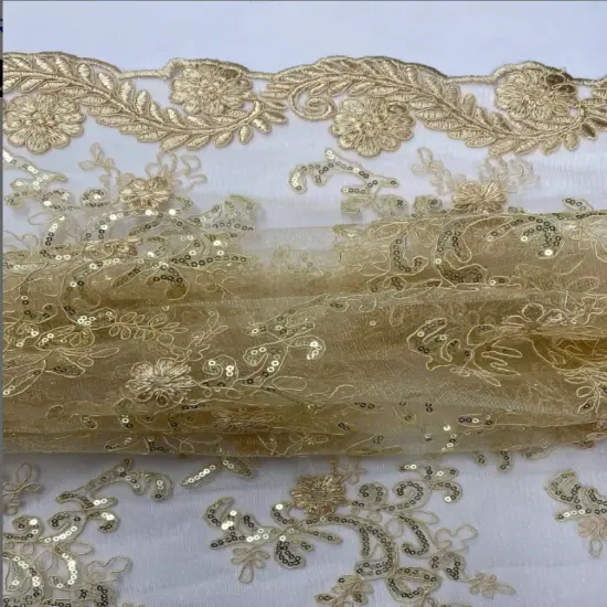1 Yard Beige Corded Mesh Lace Fabric with Sequins Double Scalloped Embroidery, 54&rdquo; Wide {4}
