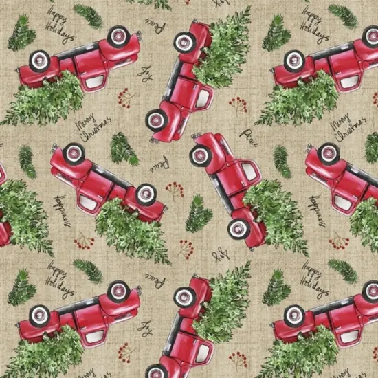 Christmas Trucks with Trees Cotton Fabric | By The Yard | Sewing and Crafting | 44 inches wide {1}