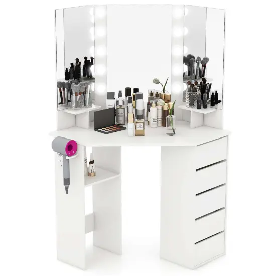 Costway Corner Vanity Desk Cosmetic Vanity Station with LED Mirror,& Power Outlets Black/White {1}