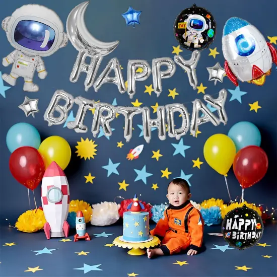 Silver Happy Birthday Space Balloons Banner - Rocket, Astronaut, Moon & Star {2}