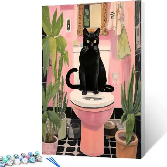 Black Cat Sit on Toilet Oil Painting Paint by Number Kits 16 x 20 inch {2}
