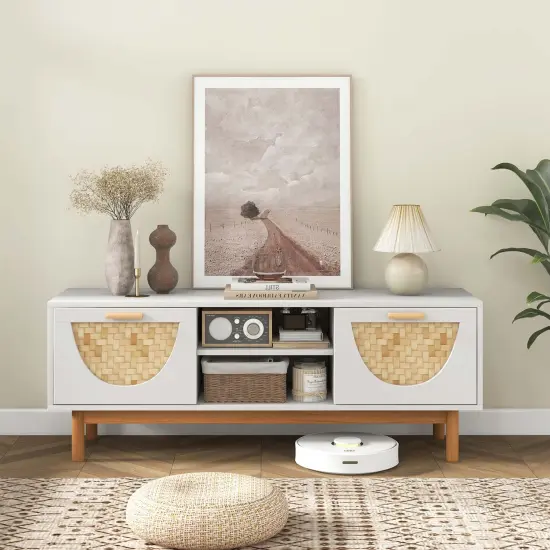 Costway TV Stand for 55-Inch TVs with 2 Drawers & Bamboo Woven Fronts Solid Wood Legs White {2}