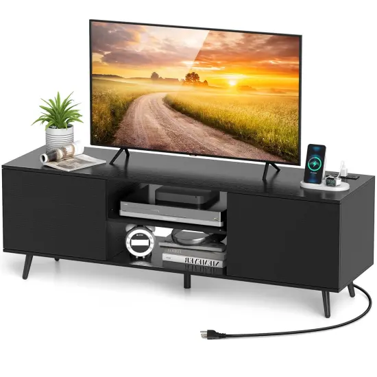 Costway TV Stand for 60" TVs Mid Century Modern Media Console Table with Adjustable Shelf Brown/Black {8}