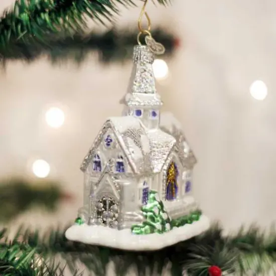 Old World Christmas 4.25 In Sparkling Cathedral Christmas Tree Ornament , Glass Ornament Church White {3}