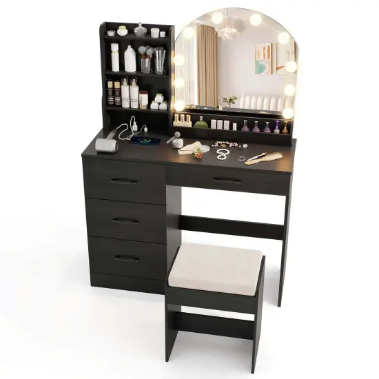 Costway Vanity Set with Mirror and Lights Dressing Table and Chair 4 Drawers 3 Open Shelves Black/White {7}