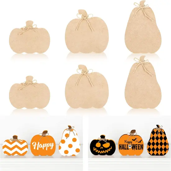 6Pcs Fall Pumpkin Wooden Cutouts with Ropes 3 Design Unfinished Pumpkin {1}