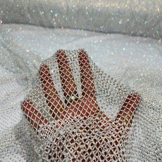 1 Yard Sparkly AB Rhinestone Fishnet Fabric Stretch Mesh for Costumes, D&eacute;cor, and Apparel White Iridescent {1}
