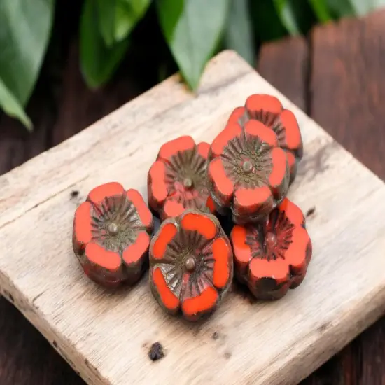 *12* 12mm Opaque Orange Picasso Hawaiian Flower Beads {3}