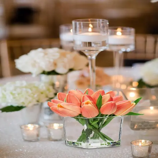 Artificial Peach Tulips in Vase with Faux Water 5.5" Real Touch Flowers Fake Tulips Small Flowers Arrangement in Cube Glass Vase {5}
