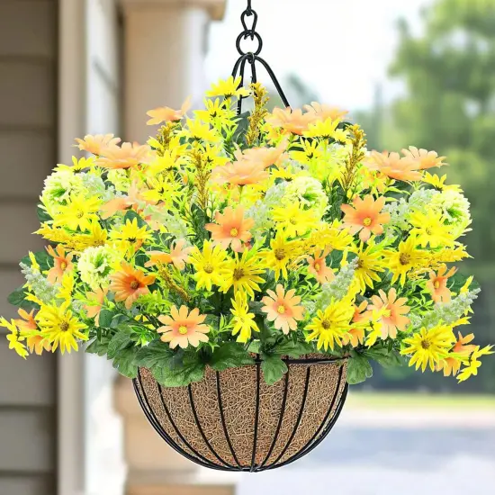96 Heads 17.7 Inch Fake Dasiy Flowers Cemetery Decor, 4 Bouquets Artificial Flowers for Outdoors UV Resistant Plastic Fake Plants Faux Lavender for Gardens Planter Home Grave Decor(Yellow) {3}
