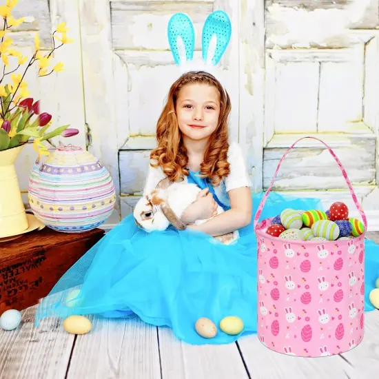 Easter Eggs Storage Basket Gift Buuny Basket Collapsible Storage Bins with Handles Nursery Basket for Home and Office Decoration (Pink Rabbit) {4}