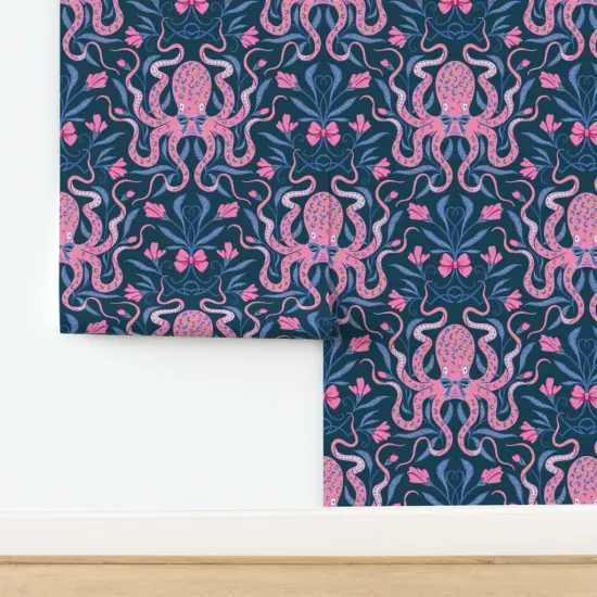 Pre-Pasted Wallpaper 2FT Wide Ocean Damask Pink Midnight Blue Coastal Vibrant Octopus Bows Botanical Custom Pre-pasted Wallpaper by Spoonflower {2}