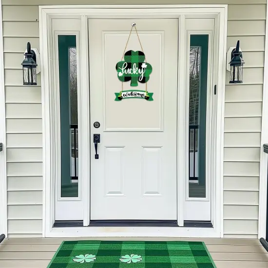 St Patricks Day Decorations St Patricks Day Wreath Front Door Decorations Buffalo Plaid Shamrock Wreath Wooden Lucky Welcome Sign Door Hanger for Wall Indoor Home Decor {3}