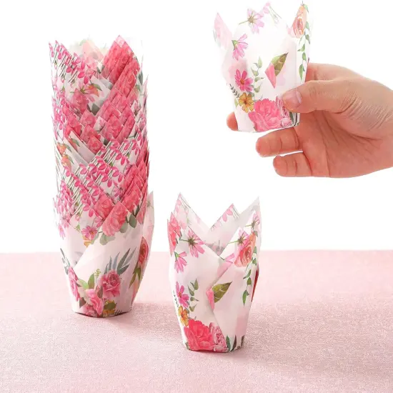 200 Pieces Pink Flower Tulip Cupcake Wrappers Liners Tulip for Baking Flower Liners Mini Cupcake Baking Rustic Birthday Party Decoration for Bridal Shower Wedding Festival Party {2}