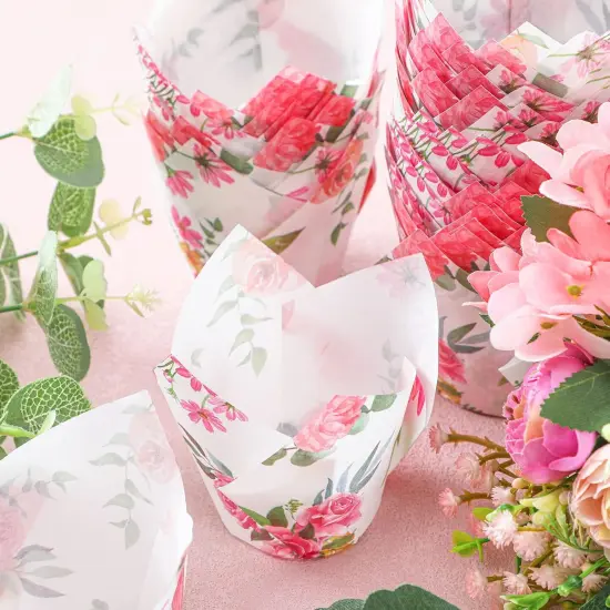 200 Pieces Pink Flower Tulip Cupcake Wrappers Liners Tulip for Baking Flower Liners Mini Cupcake Baking Rustic Birthday Party Decoration for Bridal Shower Wedding Festival Party {5}