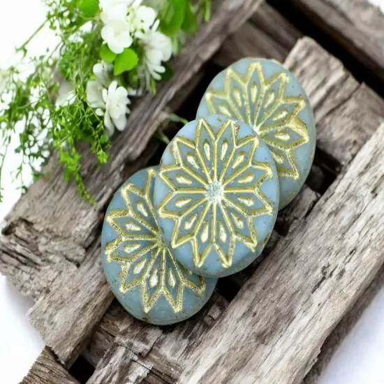 *6* 18mm Gold Washed Matte Aqua Opaline Star Flower Coin Beads {3}