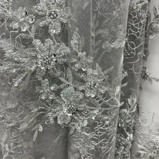 1 Yard Beaded Floral Lace Fabric Embroidered on 100% Polyester Net Mesh 51" Width Silver {4}