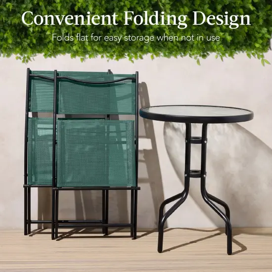 Best Choice Products 3-Piece Patio Bistro Dining Furniture Set w/ Round Textured Glass Tabletop, Folding Chairs Dark Green {4}