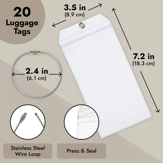 20 Pack Plastic Cruise Luggage Tags, Bulk Zip Seal and Steel Loops for Suitcases (3.5 x 7.2 In) Clear {4}