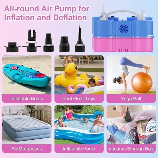Electric Balloon Pump 3-in-1 Portable Air Balloon Pump for Latex 260Q Long Foil Balloons, 110V Automatic Dual Nozzle Inflator Deflator Inflatables, Pool Floats Raft, Air Mattress (Blue Pink) {2}