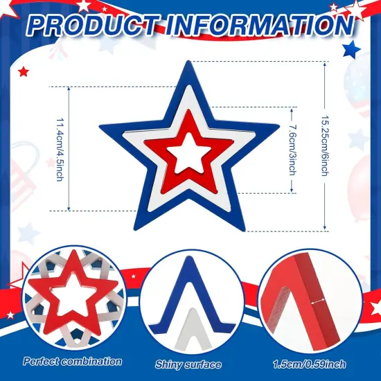6 Pieces 4th of July Wooden Star Signs Patriotic Decoration Memorial Day Table Decor for Home Independence Day Tiered Tray Shelf Decor (White,Blue and Red) {3}