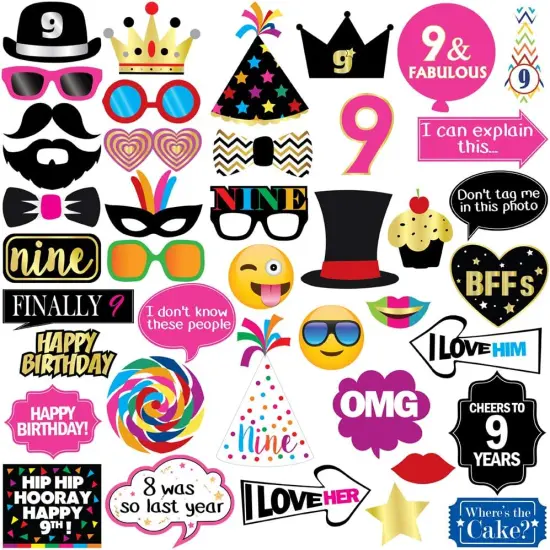 9th Birthday Photo Booth Party Props - 40 Pieces - Funny Kids Birthday Party Supplies, Decorations and Favors {1}