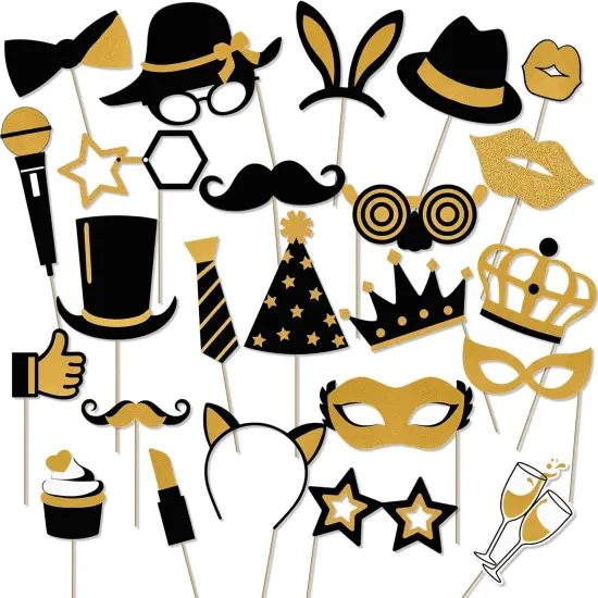 Photo Booth Props, 24PCS Photobooth Props, Funny Photo Props Party Props Accessories for Adults and Kids, Photo Booth Props for Wedding Birthday Christmas New Year&lsquo;s Eve(Black+Gold) {1}
