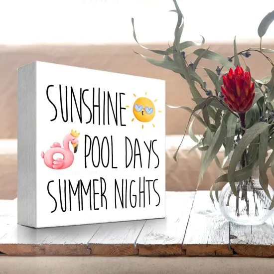 Sunshine Pool Days Summer Nights Summer Wooden Box Sign,Summer Wooden Block Sign for Home Bedroom Office Farmhouse Shelf Wall Desk Decor {4}