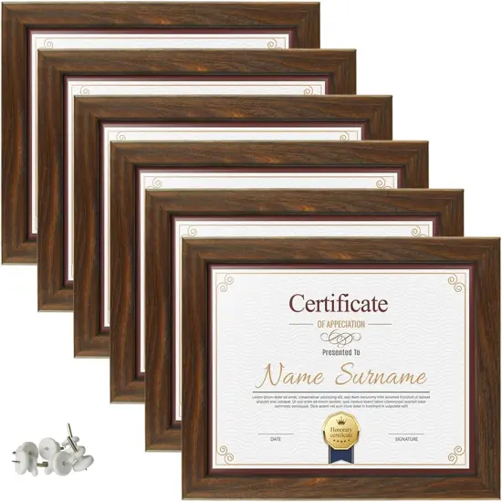 8.5x11 Certificate Picture Frames Diploma Document Picture Frames Tempered Glass Rustic Brown Frame Set of 6 Pack {1}