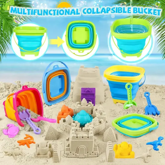 Summer Beach Toys, 40Pcs Sand Toys for Toddlers 1-3 with Sand Construction Vehicles Set, Collapsible Sand Bucket {3}