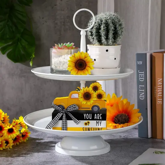5 Pieces Farmhouse Tiered Tray Decor Items Rustic Wooden Mini Truck Bundle Books Stack Sign for Summer Spring Home Harvest Table Shelf Decorations(Sunflower Style) {3}
