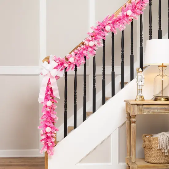 Northlight Pre-Lit Artificial Flocked Pine Christmas Garland - 9' - Pink - Clear Lights {1}