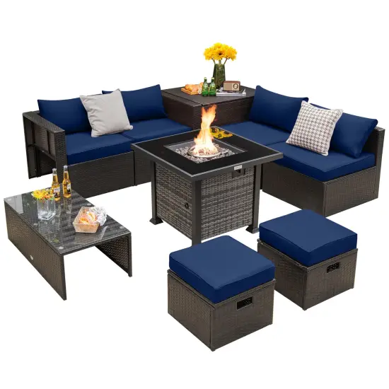 Outdoor 9 Pieces Patio Furniture Set with 50 000 BTU Propane Fire Pit Table Navy {7}