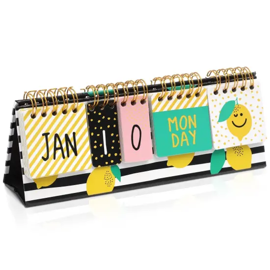 Lemon Perpetual Flip Calendar for Office Desktop, Classroom Supplies, Desk Calendar with Day, Date, and Month Display for Planning, Home, Kitchen Decor (8 x 3.5 Inches) Multicolor {1}