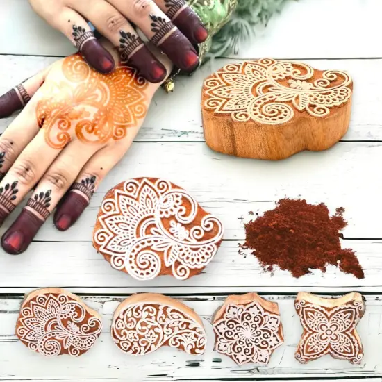 Wooden Printing Stamps Wood Block Stamps for Crafting Handcarved Indian Textile Printing Blocks for Henna Tattoo Saree Border Scrapbooking Clay, Pottery Stamps Mandala Paisley Shapes {3}