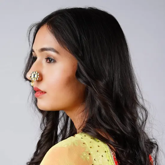 Indian Kundan Nose Ring for Women - Indian Bridal Nose Stud Ring Clip-On Septum Jewelry Faux Pearl Drop Kundan Crystal Bollywood Style Marathi Nath Non-Piercing Nose Accessory Gift for Her {4}