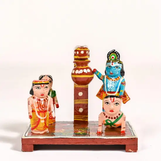 Wooden Krishna Makhan Chor Leela for Janmashtmi Golu Decoration Handpainted Kondapalli Krishna Set Show-piece for Home Temple Shelf Display Table Decor Gifting Item {6}