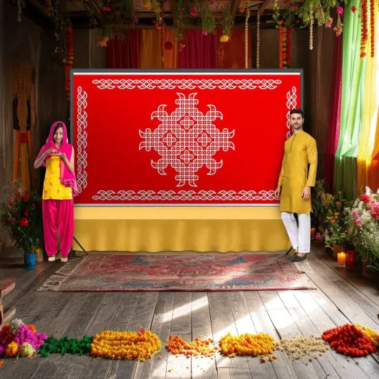 Indian Traditional Kolam Rangoli Cloth Backdrop Photo Decor Banner Pooja Room Decor Dot Kolam Backdrop for Diwali Ganesha Puja Wedding Housewarming Gift Red {7}