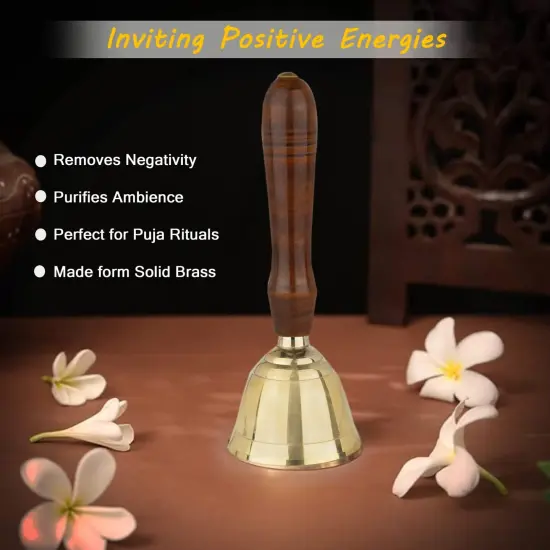 Solid Brass Bell Hand Call Bell for School Teacher Indian Weddings Christmas Pooja Room Temple Handheld Extra Loud Prayer Bells with Wooden Handle - Perfect for any Occasion {6}