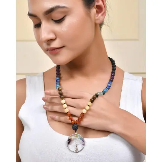 108 Mala Beads Necklace 7 Chakra Tree of Life Lava Rock Stone Natural Healing Crystal Gemstones Yoga Meditation Japa Mala Beaded Life Tree Pendant Hand Knotted Prayer Beads Rosary Jewelry {4}