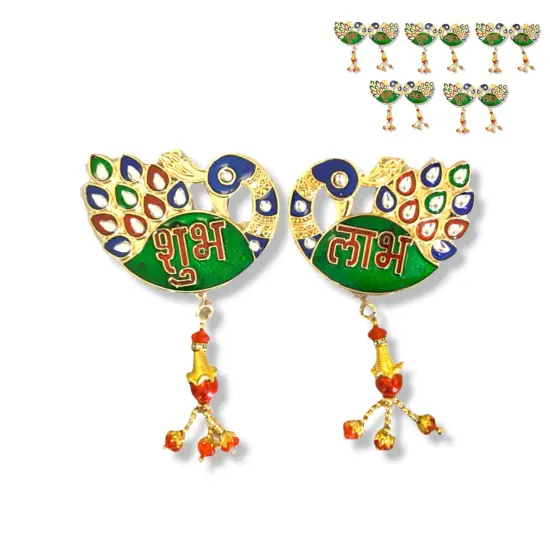 Meenakari Peacock Shubh Labh Decor Indian Traditional Gift Item for Home Office Floor/wall Stickers Wall Art Diwali Decorations Housewarming Gift {1}