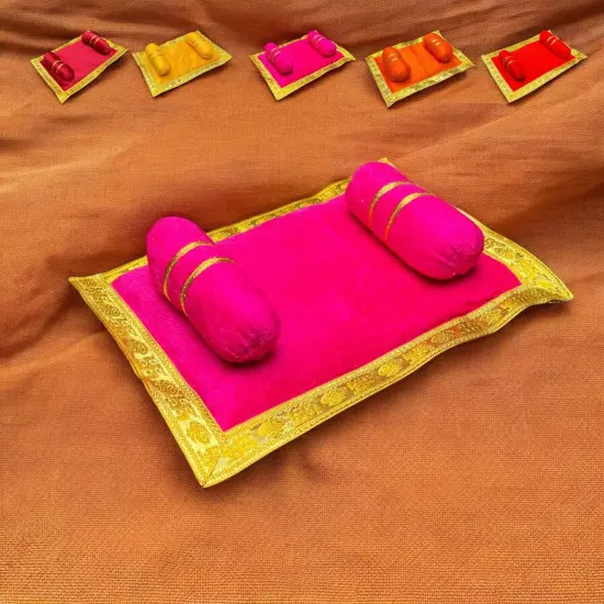 Laddu Gopal Velvet Asan Takiya Pillow Set for Lord Ganesha, Krishna, Kanha Ji, Bal Gopal God Goddess Idol Soft Mattress Cushion/gadda Bed Cum Aasan Set (9.5x6.5 Inch) Orange {7}