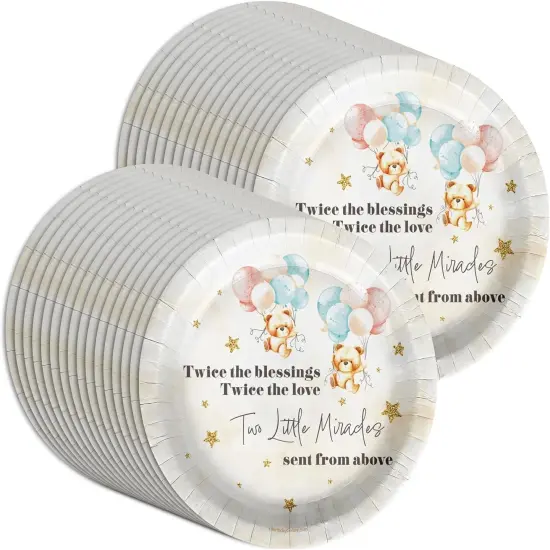 Twin Teddy Bear Baby Shower &ndash; 32 Pcs Disposable Party Plates Set {4}